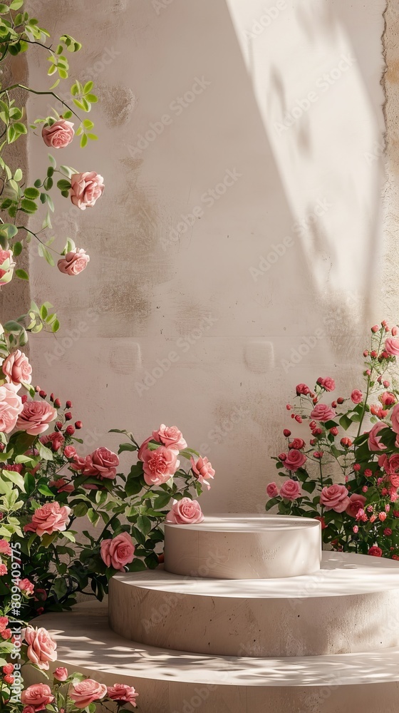 Product podium with spring flower garden architecture outdoors. Beauty cosmetic product, perfume, and natural product placement pedestal present minimal display concept. Product podium with spring flower garden architecture outdoors. Beauty cosmetic product, perfume, and natural product placement pedestal present minimal display concept.
