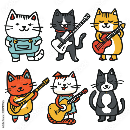Six cartoon cats playing guitars, unique colors expressions. Cats wearing various outfits, overalls, one bowtie, showcasing musical talent. Cute feline musicians instruments, vibrant color scheme