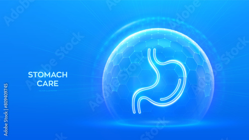 Stomach care and protection. Healthy stomach medical concept. Human stomach anatomy organ icon inside protection sphere shield with hexagon pattern on blue background. Vector illustration.