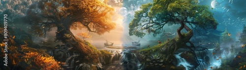 A conceptual artwork illustrating the theme of asymmetry in nature, featuring a split scene with a balanced yet distinctly different ecosystem on each side photo