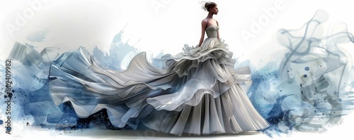 A fashion design sketch of an elegant chiffon evening gown, flowing gracefully, with detailed ruffles and a soft, translucent texture photo