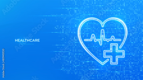 Healthcare. Health insurance. Heart with cross and heartbeat icon. Health Care and Medical services banner. Blue medical background made with cross shape symbol. Vector illustration.
