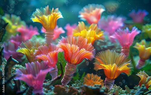 A colorful colony of tubedwelling feather duster worms extending their feathery crowns into the water photo