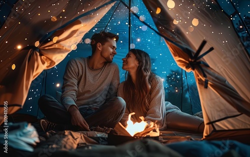 A couple camping in a tent under a starfilled sky, with a cozy campfire burning nearby