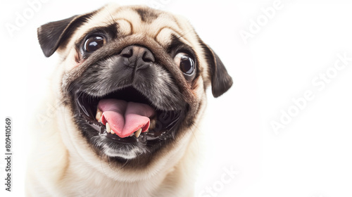 Dog laughing smiling. Joy Unleashed: Close-Up Portrait of a Delightful Pug Smiling with Tongue Out, Capturing the Essence of Canine Happiness. Image made using Generative AI