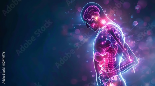 3D medical animation, xray styled person experiencing abdominal pain, with neon color coding to illustrate the pain dynamics