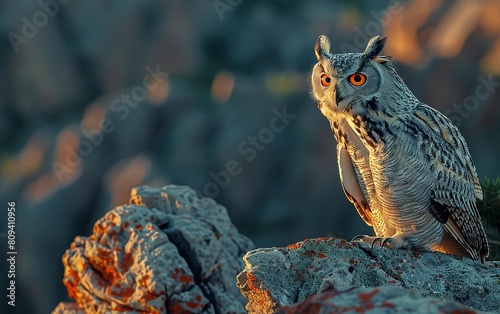 A Eurasian eagleowl perched on a rocky ledge at dusk, its orange eyes glowing in the fading light photo