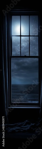 A dark room with a window looking out onto a moonlit beach. The window is covered in raindrops.