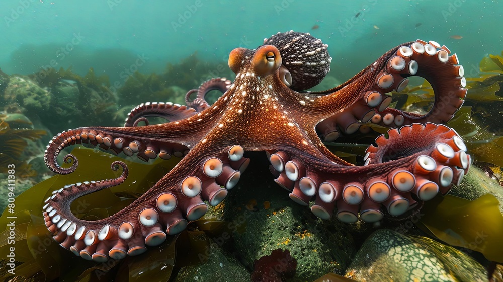 Obraz premium A giant Pacific octopus with its tentacles outstretched, exploring the rocky seabed