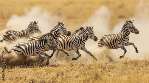 picturesque scene of a herd of zebras kicking up dust as they gallop across the savannah   
