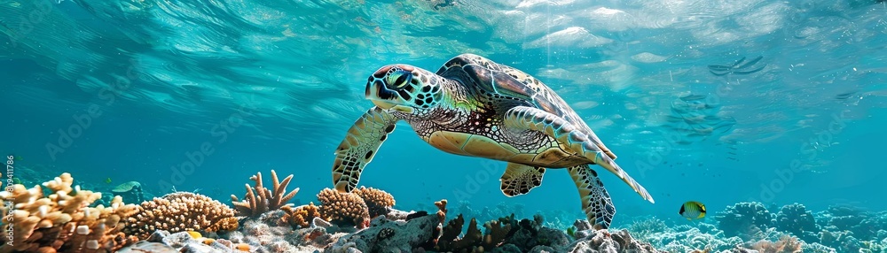 Fototapeta premium A group of sea turtles grazing on seagrass beds near a colorful coral reef teeming with marine life