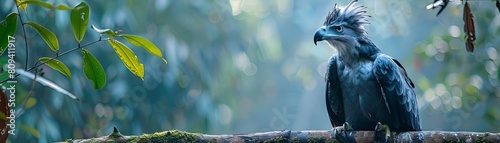 A harpy eagle resting on a branch deep in the rainforest, with its striking crest feathers raised photo