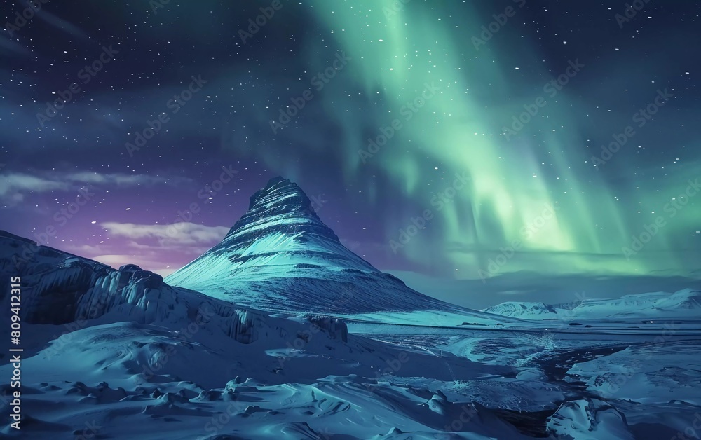 Northern Lights, Aurora borealis at Kirkjufell in Iceland. Kirkjufell Mountains in winter, stunning view