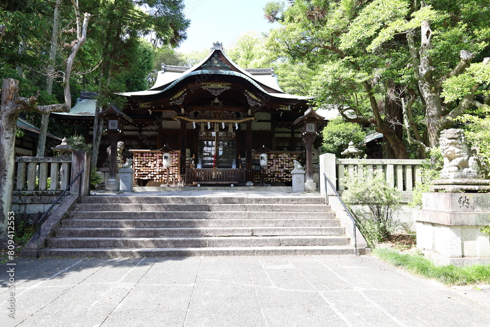 A Japanese shrine in Kyoto : a scene of Hon-den Main Hall in the precincts of Okazaki-jinjya Shrine A Japanese shrine in Kyoto : a scene of Hon-den Main Hall in the precincts of Okazaki-jinjya Shrine
