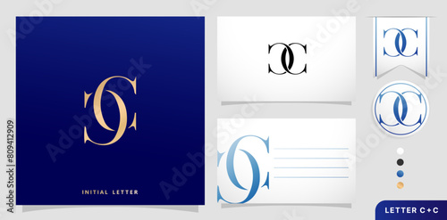a set of business cards with the letter CC Luxury Initial Letters C and C Logos Designs in Blue Colors for branding ads campaigns, letterpress, embroidery, covering invitations, envelope sign symbols