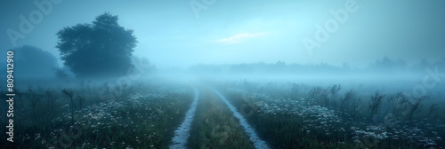 background of a dirt road with vehicles passing through it, in the middle of the countryside, on a foggy afternoon photo