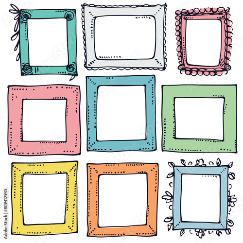 Collection colorful handdrawn picture frames, artistic designs diverse shapes. Frames set quirky doodle style, playful decoration, gallery wall art concept. Sketchy frames collection, creative