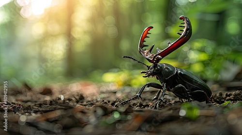 Stag Beetle emerging from the damp earth of a secluded woodland clearing  photo