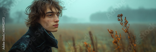 sad young man in a field surrounded by mist