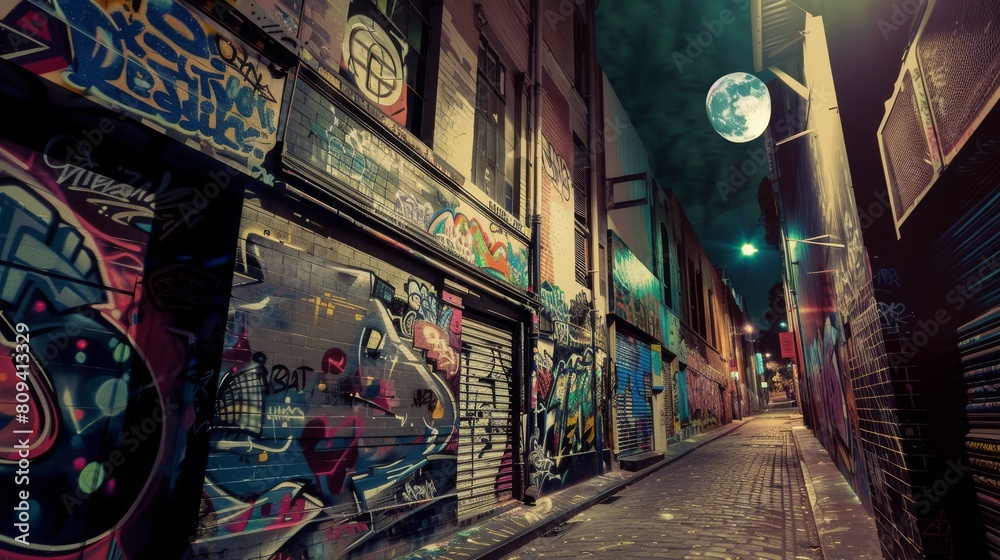 Moonlit Urban Treasure: Hidden Street Art Alley in Invisible City AI Generated.