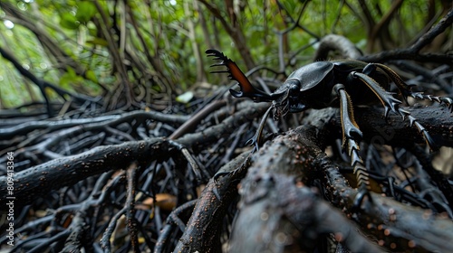 Stag Beetle navigating the intricate network of roots in a dense mangrove swamp  