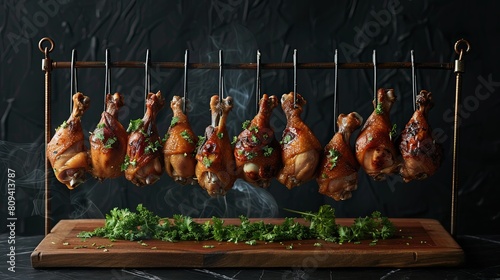 Elevated Poultry Pleasure: Showcase the artistry of culinary presentation with chicken drumsticks suspended in an enticing display.