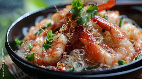 Exquisite Cuisine: Aromatic stir-fried shrimp with translucent vermicelli, an appetizing Asian delicacy.