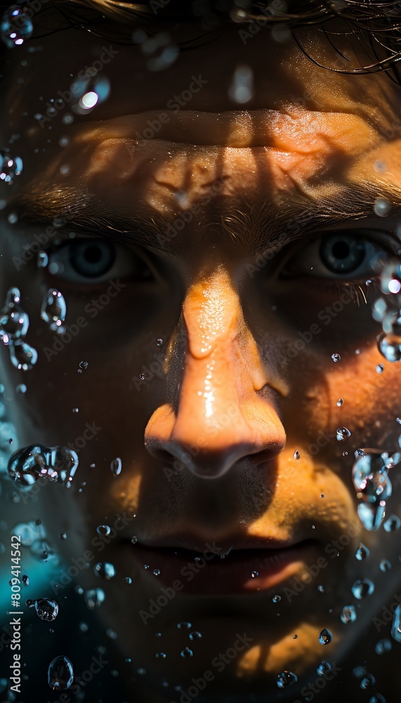 An intense closeup of a swimmers face just as they dive into the pool