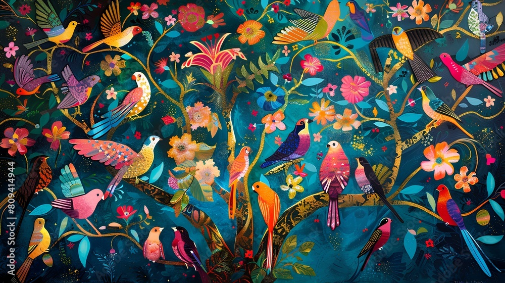 birds on the branches of flowers