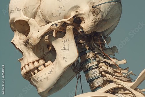Anatomic illustration of a human skull and cervical spine. Highly detailed, with a painterly style. photo
