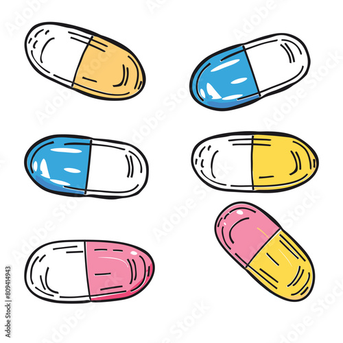 Handdrawn colorful capsules medical healthcare concept. Pharmaceutical medication, pills doodle. Medicine, drugs sketch isolated white background