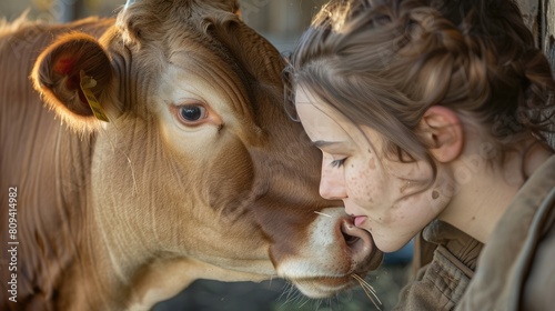 tranquil scene of a Missy cow nuzzling affectionately with its human caretaker in a rustic barnyard setting 