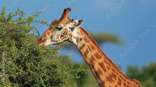 towering giraffe grazing on the leaves of an acacia tree 