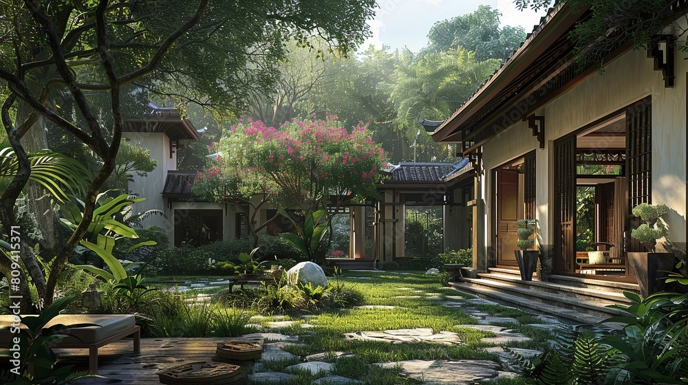 Fototapeta premium Peaceful Haven: Showcase the tranquility of a picturesque garden residence, a perfect sanctuary for rest and contemplation.