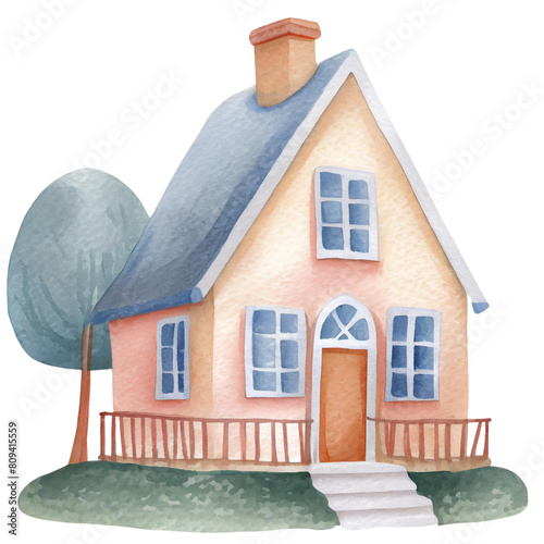 Cute watercolor cartoon house clipart isolated