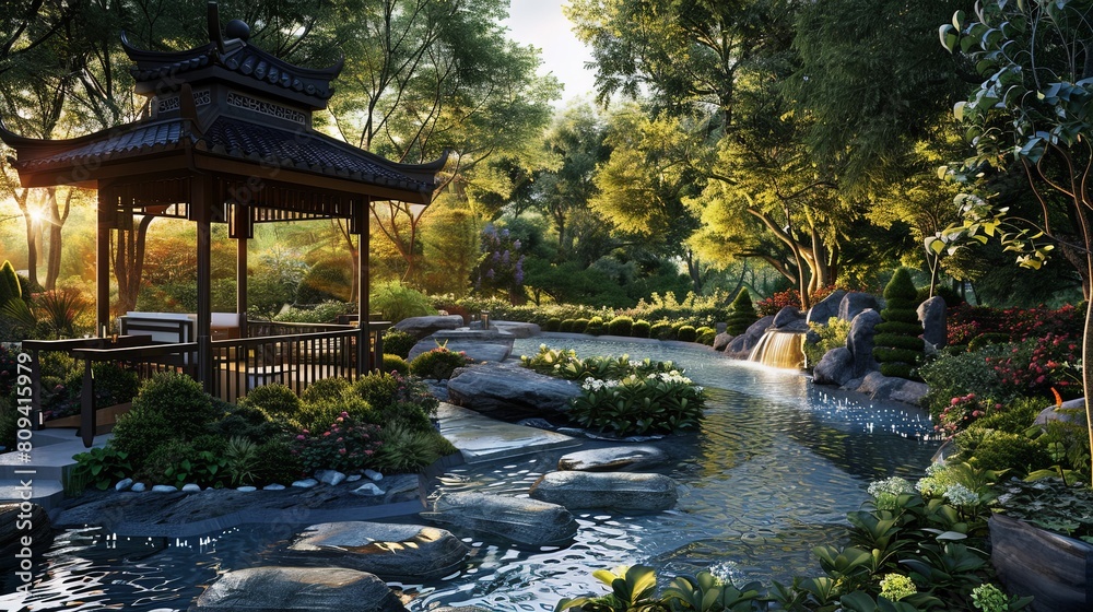 Fototapeta premium Tranquil Retreat: Showcase the serenity of a beautiful garden home, a peaceful haven for relaxation and rejuvenation.