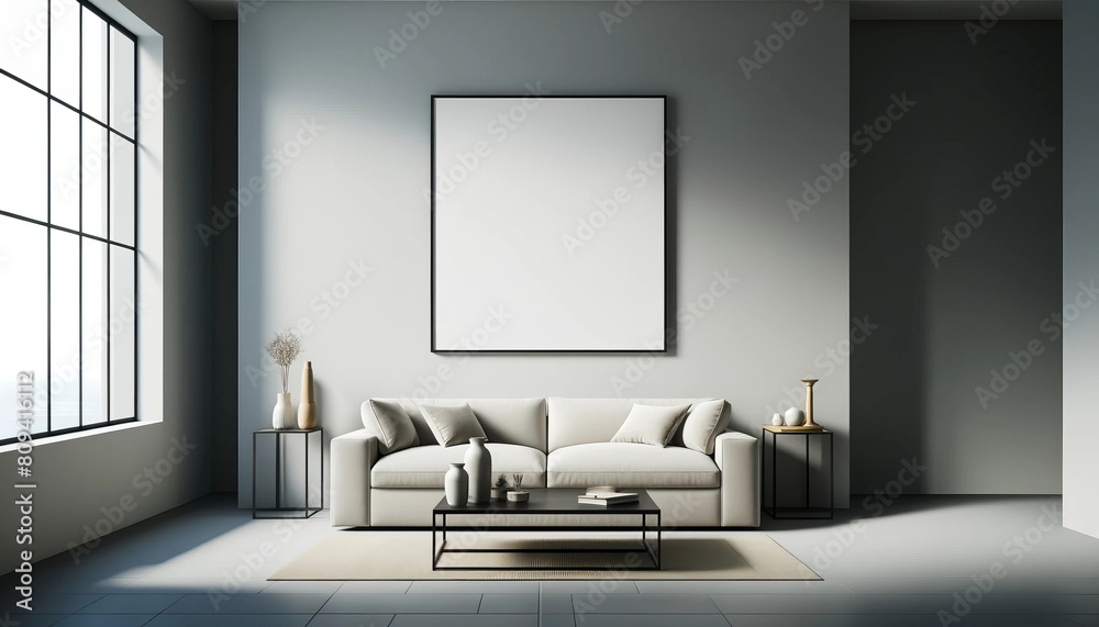 A minimalist living room featuring a blank 2_3 photo frame hanging in the center of a plain wall. The room is designed with a modern aesthetic. A minimalist living room featuring a blank 2_3 photo frame hanging in the center of a plain wall. The room is designed with a modern aesthetic.