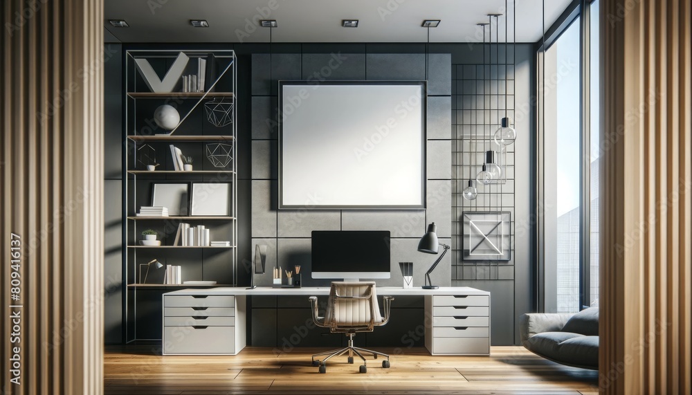 A modern office featuring a blank 4_5 photo frame hanging in the center of a sleek wall, surrounded by contemporary decorations. A modern office featuring a blank 4_5 photo frame hanging in the center of a sleek wall, surrounded by contemporary decorations.