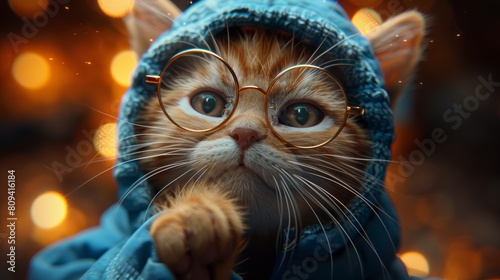 Cute cat in glasses and hoodie