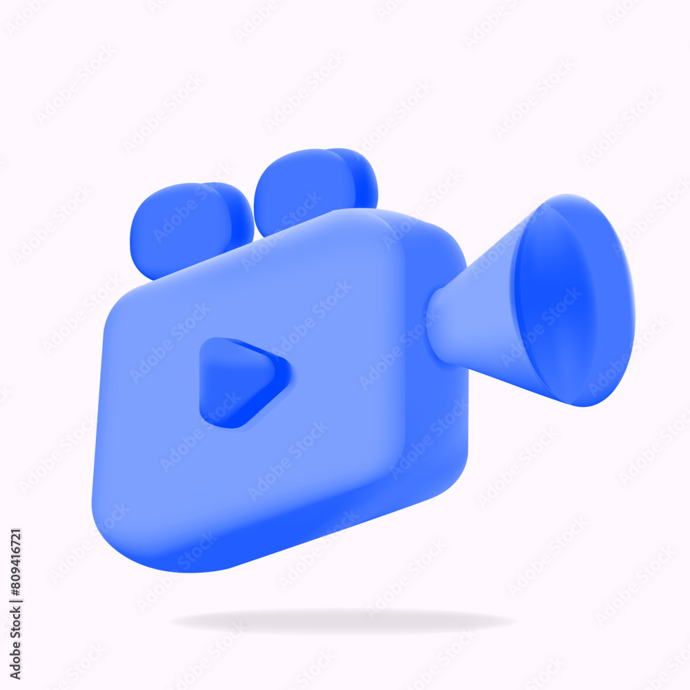 multimedia streaming camera icon. blue 3d video camera isolated. with blue play button, 3d cinema recording icon vector illustration multimedia streaming camera icon. blue 3d video camera isolated. with blue play button, 3d cinema recording icon vector illustration