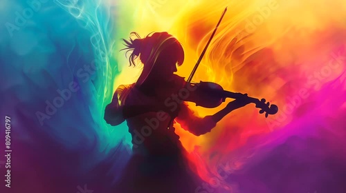 A violinist silhouette with colorful aura, spiritual music. Anime or digital painting style, looping 4k video animation background photo