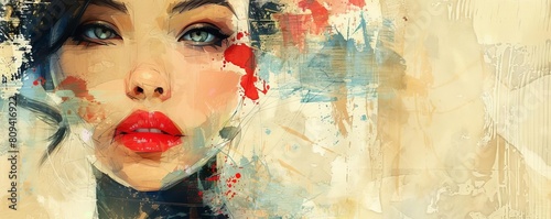Create a vintageinspired artwork of a woman, highlighting abstract fashion, beauty, and makeup elements photo
