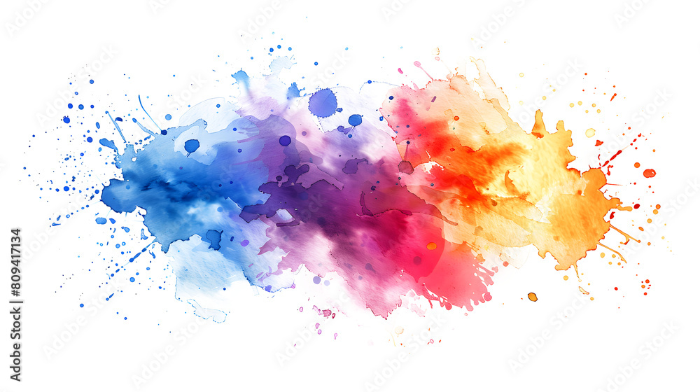Multicolored splash watercolor blot on white and transparent background