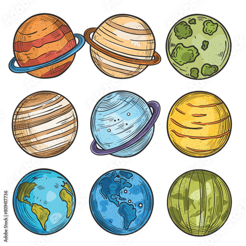 Nine colorful planets set handdrawn cartoon style. Planetary science education materials, space theme kids graphics. Solar system planets illustration, colored sketch, astronomy design elements