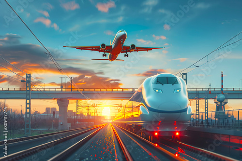 View railway track and suburban electric train rushing to the departure area airfield. Passenger plane flying in sky, landing at airport. Concept of modern infrastructure transport travel.