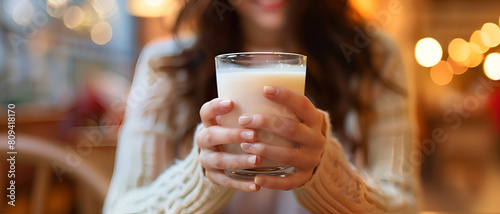 a beautiful woman s hands holding a glass of milk
