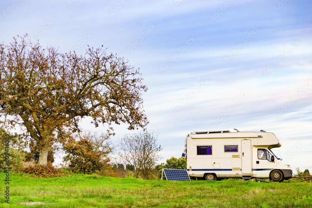 Rv caravan on nature. Autumn time.