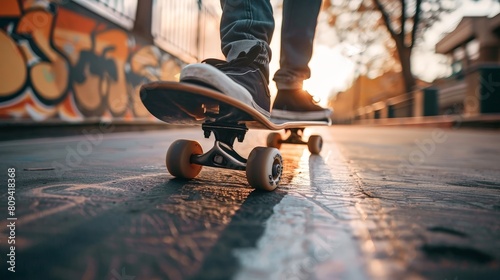 With the rhythmic click-clack of wheels on pavement, the skateboarder's journey becomes a rhythmic symphony of motion, each trick and maneuver a note in the urban melody. photo
