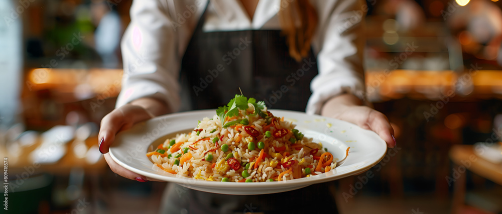 a beautiful woman's hands holding a plate of fried rice