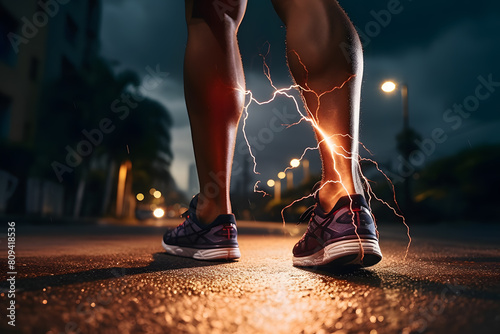 Runner feet running on road close up on shoe jog workout wellness concept. Lightning discharges sparks represent the strength and electric power of muscles, charge and experience of the athlete photo
